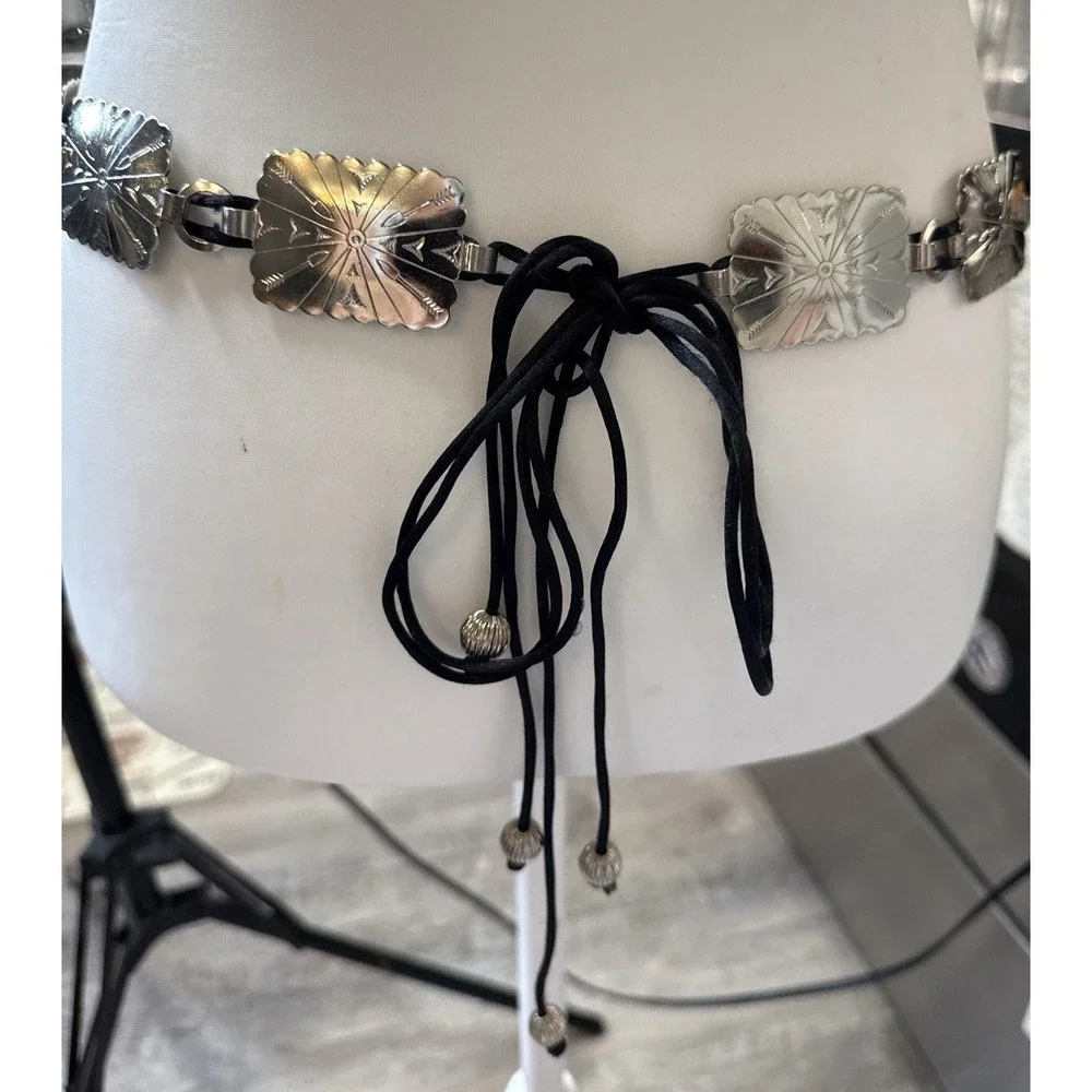 Vintage Western Lace Up Concho Belt Tie Back Adjustable Boho Waist Belt XL - Picture 2 of 6